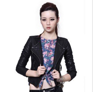 Free Shipping! Fashion Design Slim Womens Faux Leather Jacket Turn-down Collar Short Coat Outerwear PU Leather Jacket 1122