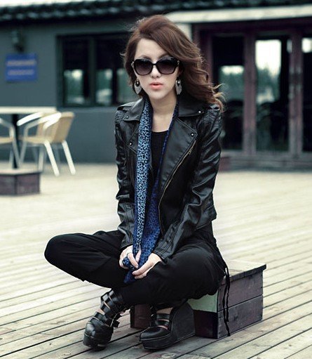 Free Shipping! Fashion Design Slim Womens Faux Leather Jacket Turn-down Collar Short Coat Outerwear PU Leather Jacket F1001