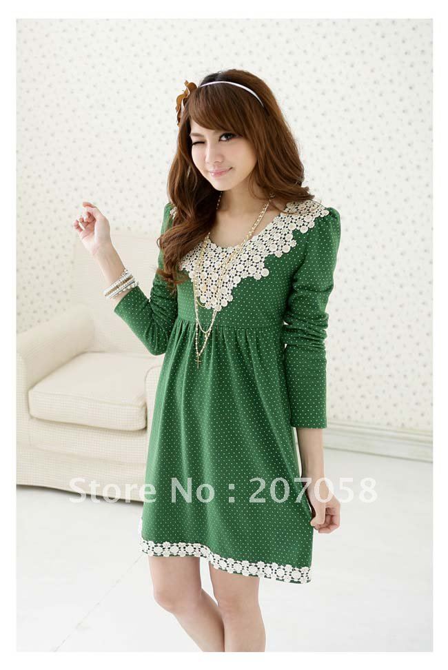 Free shipping fashion Dress /Plus -size fashion print dot dress with lace neckline and beads