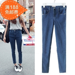 Free Shipping Fashion elastic denim women's plus size slim hip vintage high waist denim