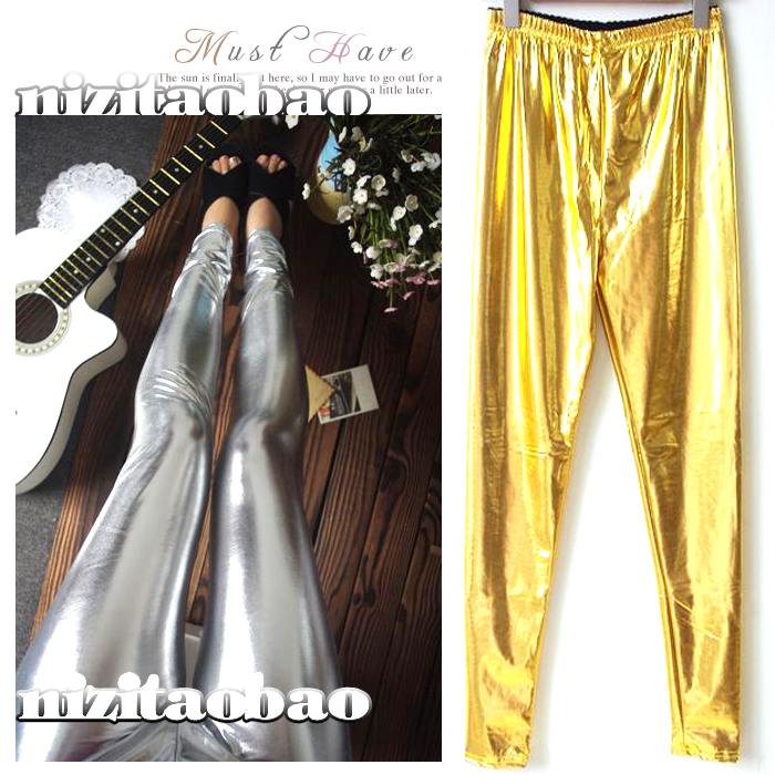 free shipping Fashion elastic plus size mm coating faux leather gold silver legging tights ankle length trousers