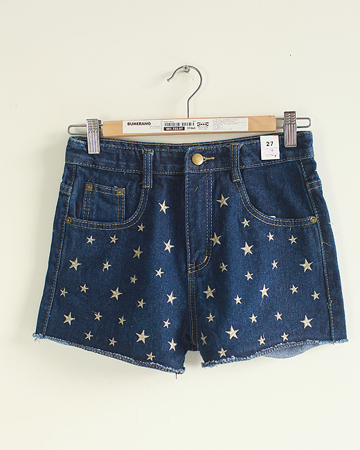 Free Shipping Fashion five-pointed star embroidery retro finishing water wash stucco high waist denim shorts female