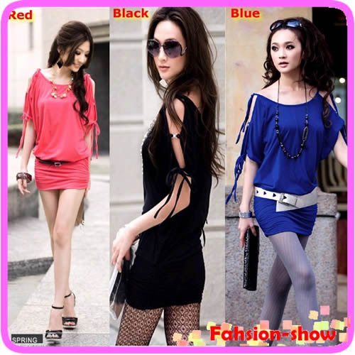 Free Shipping Fashion Hot Sexy Women Korea Off Collar Strappy Mini Dress Long Top Poly Cotton 3 color to choose