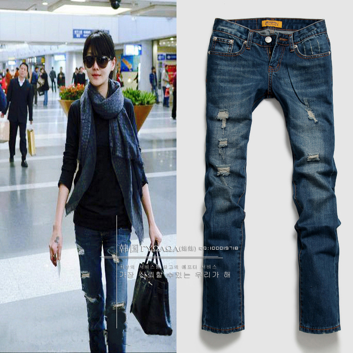 Free Shipping!! Fashion jeans women hole stucco female trousers denim pants small straight pants