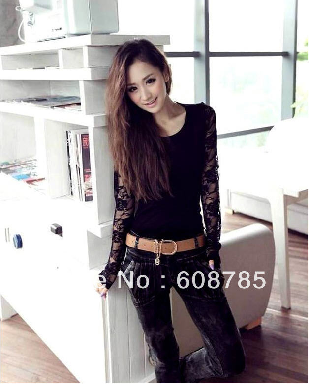 Free shipping fashion lace black O-neck t-shirt  ladies' blouse a shirt B0069