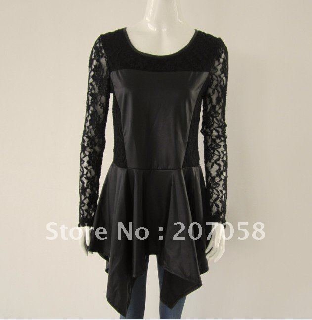 Free shipping fashion lace dress/ fashion faux leather dress