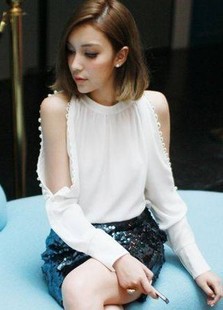 free shipping Fashion ladies elegant two ways pearl button strapless small puff sleeve shirt chiffon shirt t-shirt top