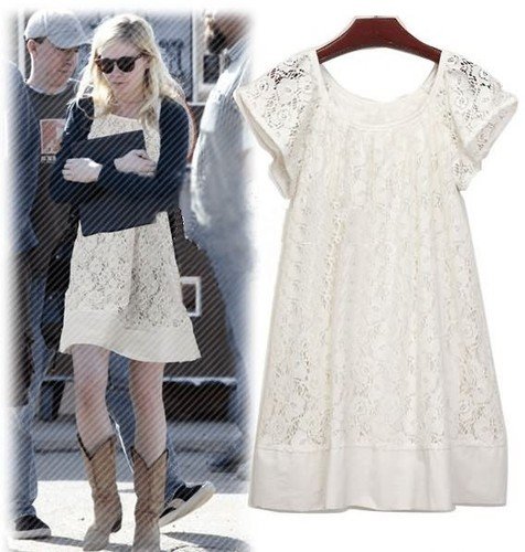 Free Shipping Fashion Ladies Hollow Flowers Elegant Lace Net Mini Cotton White Dress