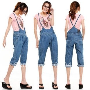 Free Shipping Fashion Lady 2012 Wholesale Suspender Women Straight Uniform Pants Jeans Workwear