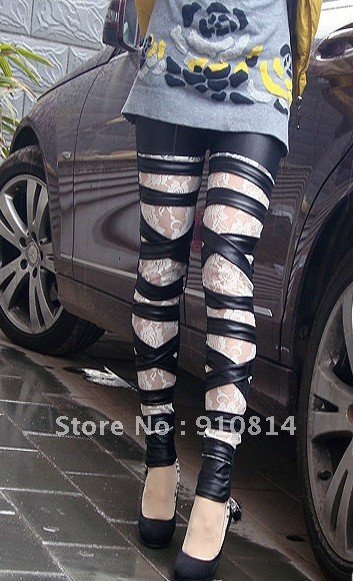 Free Shipping! Fashion Leggings for Women Ripped Cut-out Bandage lace Black leggings Lady  PU Leather Stretchy Leggings