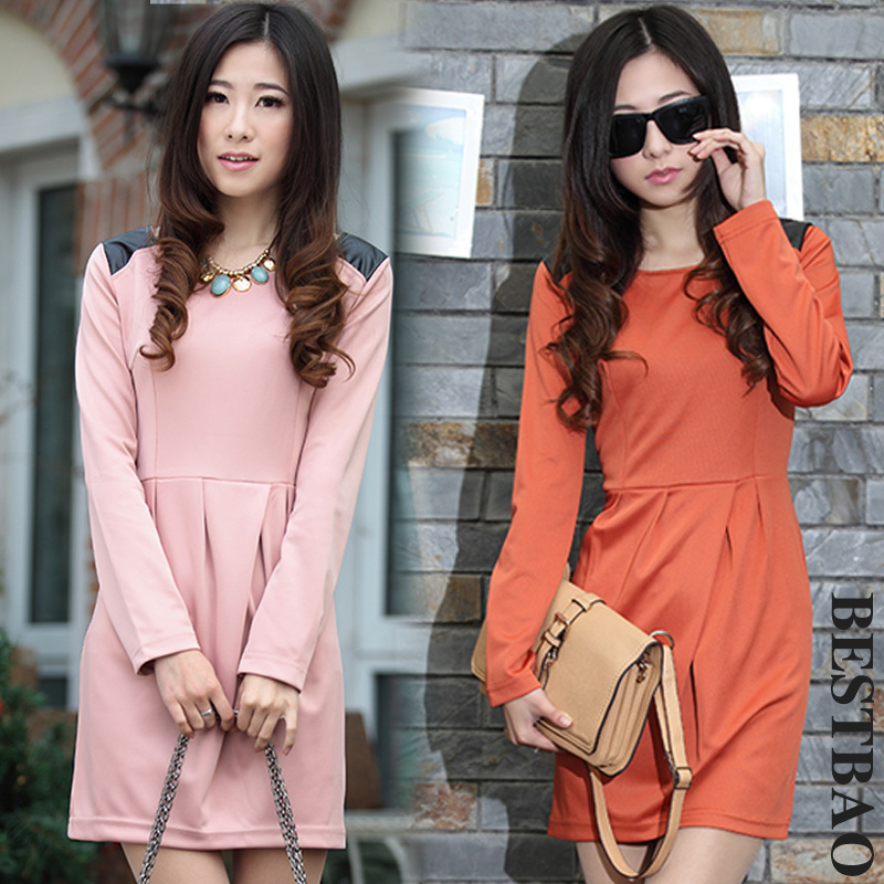 free shipping Fashion long-sleeve dress leather patchwork slim new arrival bestbao female 9274