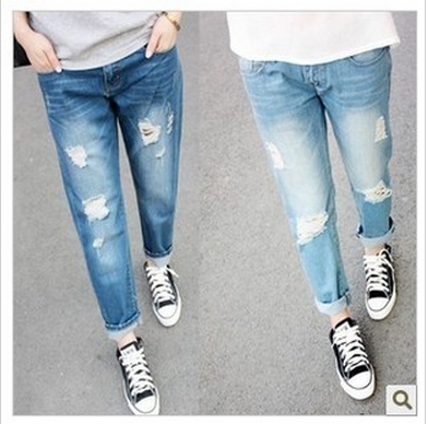 Free Shipping Fashion loose plus size casual hole denim harem pants ankle length trousers female beggar pants 2013 spring