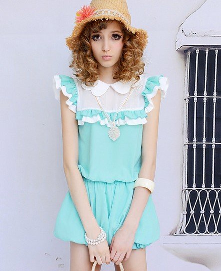 Free Shipping Fashion Lotus Leaf Turn-down Collar Jumpsuit Blue