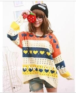 Free Shipping Fashion Love striped baggy bat sleeve knit sweater women