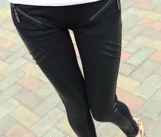 Free shipping Fashion Matte PU Leather Cotton Stitching Zipper Leggings