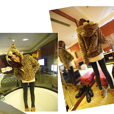 Free Shipping Fashion New Arrival Leopard Pattern Fleece Outerwear Cute Tiger Head Women's Hooded Coats Wholesale Retail