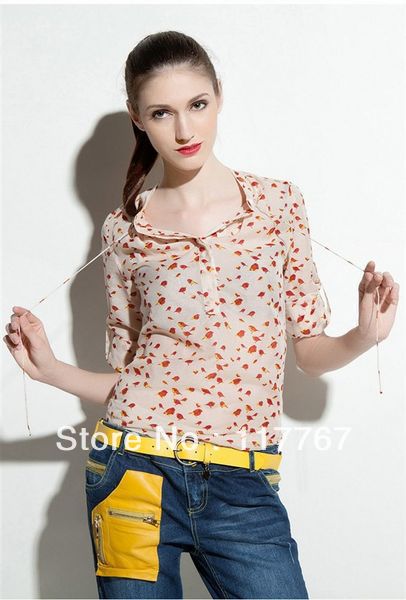 Free Shipping Fashion New Lady Apricot Long Sleeve Chiffon Red Bird Print Womens T Shirt Tops Blouse  651088-651089