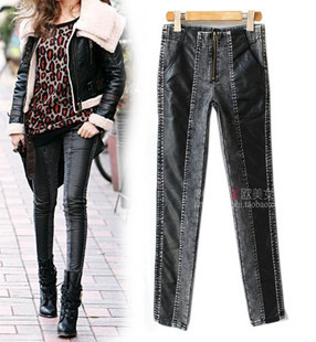 Free shipping Fashion normic 2012 leather patchwork jeans female trousers legging pants