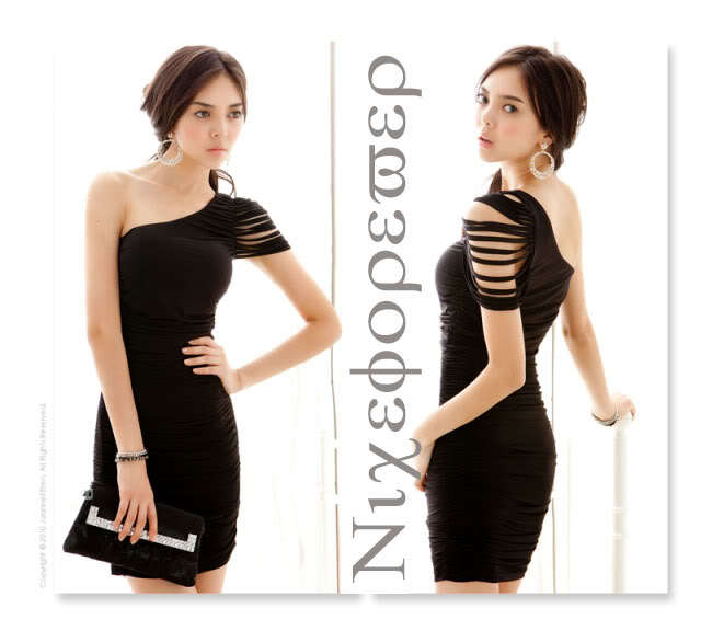 Free Shipping Fashion One-Shoulder Tassel Sexy Club Tiered Sheath Mini Dress,Women Charming Black Party Slim Dress Size:S M L XL