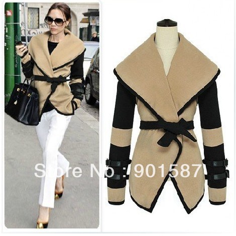 Free Shipping Fashion Patchwork Newest Formal OL Women's Spring Winter Outwear Trench Coat Jacket Polyster With Sashes