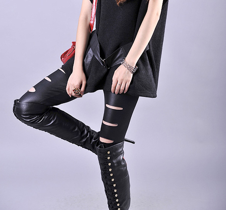 Free Shipping Fashion personality slim faux leather ankle length legging hole legging V3768