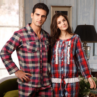 Free Shipping Fashion plaid lovers long-sleeve derlook set m6680 m6675 Sleep & Lounge