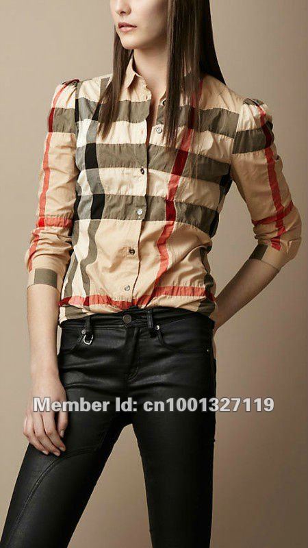 Free shipping fashion plaid women shirt , apricot women long sleeve shirt  turn-down collar women T-shirt  / 1201