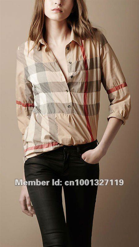 Free shipping  fashion plaid women shirt , apricot women long sleeve shirt , women T-shirt  #1226