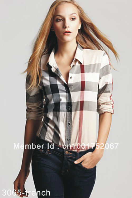 Free shipping fashion plaid women shirt, women long sleeve shirt / apricot turn-down collar women T-shirt #3065