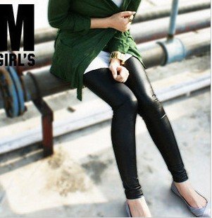 Free Shipping Fashion Popular Black Extended Nine Points of Leather Leggings