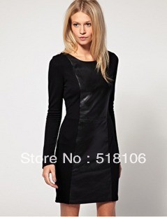 Free shipping fashion Pu-leather o-neck ladies' dresses sheath patchwork women's mini clothing wholesaler