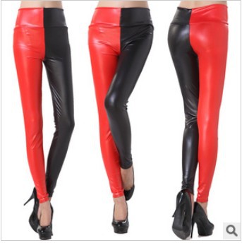 Free Shipping Fashion PU Leather Red With Black Leggings High-waist Stretch Color Patchwork Pants LG-342