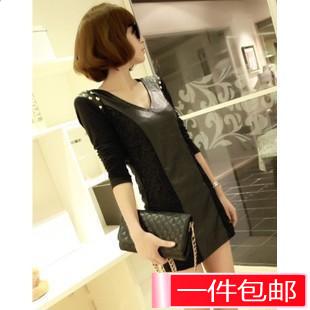 Free Shipping Fashion punk slim lace patchwork rivet leather long-sleeve one-piece dress