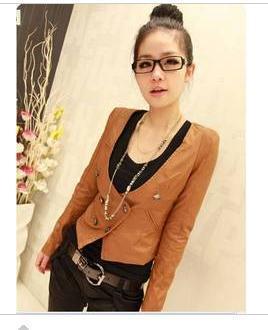 Free shipping Fashion Retro double breasted collarless leather coat 2 color