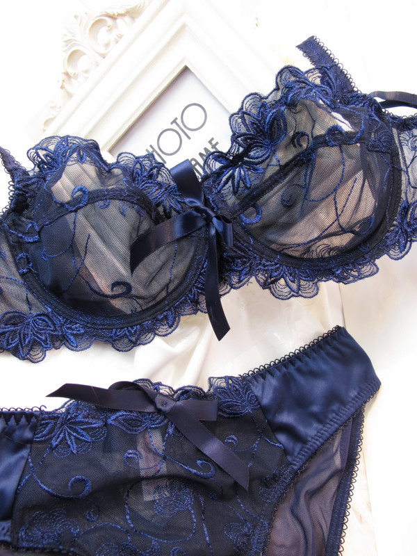 Free shipping, Fashion sexy embroidery ultra-thin navy blue gauze transparent bra ,12