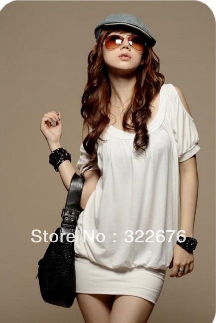 Free Shipping Fashion Sexy Round Collar Off Shoulder Slim Blouse White /Red J10031802-1/WH12032111-1