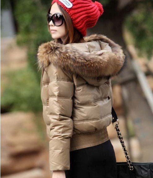 Free shipping Fashion Short Design Women Fur Collar Down Coat Outwear Warm Winter Zipper Hooded Jacket