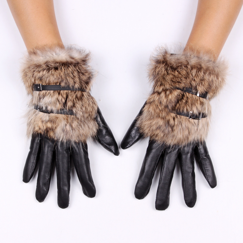 Free shipping Fashion short design women's sheepskin genuine leather gloves winter thickening thermal rabbit fur gloves