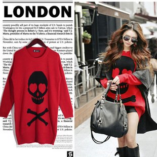 [Free shipping] fashion skeleton head long sleeve/o-neck red women's sweaters,Wholesale/Retail