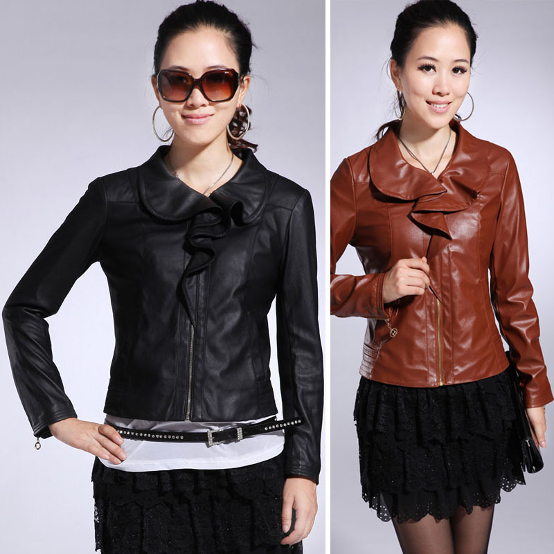 free shipping Fashion slim leather clothing ruffle all-match bestbao female 8713