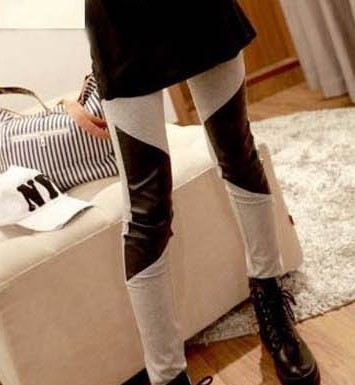 Free shipping Fashion slim matte knee faux leather patchwork legging ankle length trousers 100% new high quality