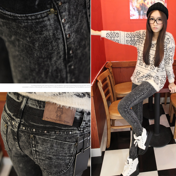 Free Shipping Fashion small rivet black elastic pencil pants slim skinny pants jeans female