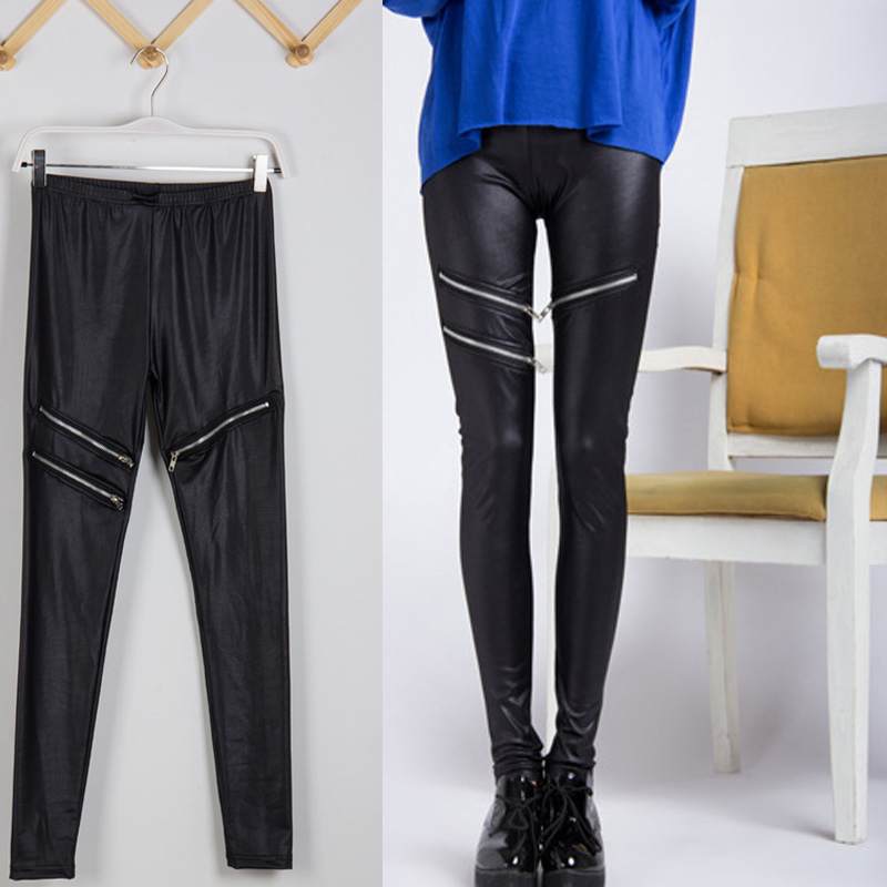 Free shipping Fashion spring personalized faux leather zipper ankle length trousers legging faux leather black trousers