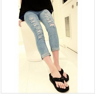 Free Shipping Fashion summer 2012 light color roll-up hem 9 hole denim skinny pencil pants pants