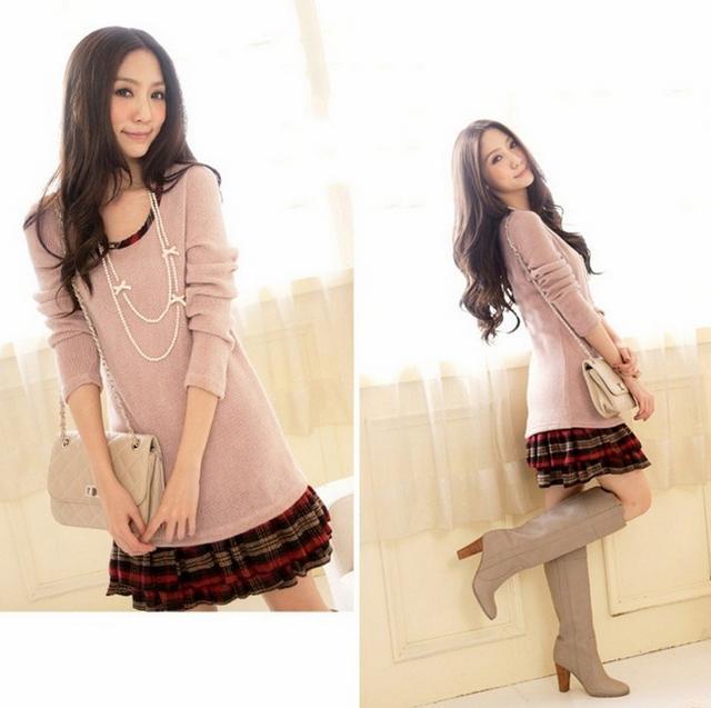 Free Shipping fashion Sweet lady style plaid hem plaid knitted sweater dresses for women FD00180