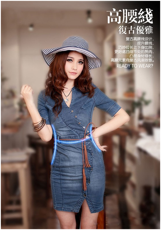 Free shipping Fashion tassel belt paragraph vintage V-neck slim hip denim one-piece dress