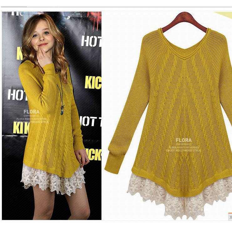 Free Shipping  fashion V-neck lace decoration slim twisted sweater dress 9152 MY