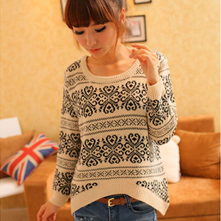 Free  shipping, Fashion vintage national trend wave stripe jacquard irregular loose sweater