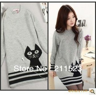 Free shipping! Fashion warm thick sweater for women, Cute Cat print long sleeve sweaters for woman, O-neck women's long sweater