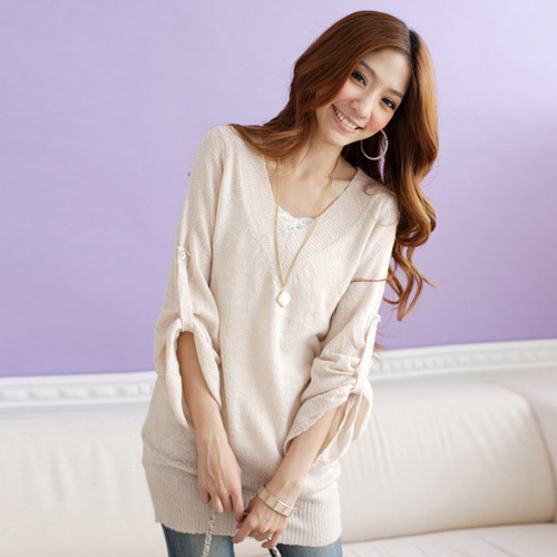 Free Shipping Fashion Women 2012 Plus Size Loose V-neck Retrorse Length Sweater Top 3114#